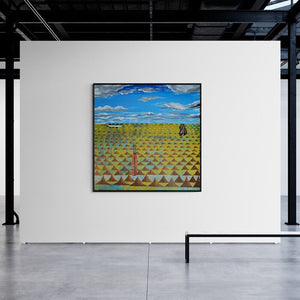 Preview of 'Urban Metaphor 2 (Ascending Forms)' Painting by Ashish Kushwaha shown on a wall in a furnished room.