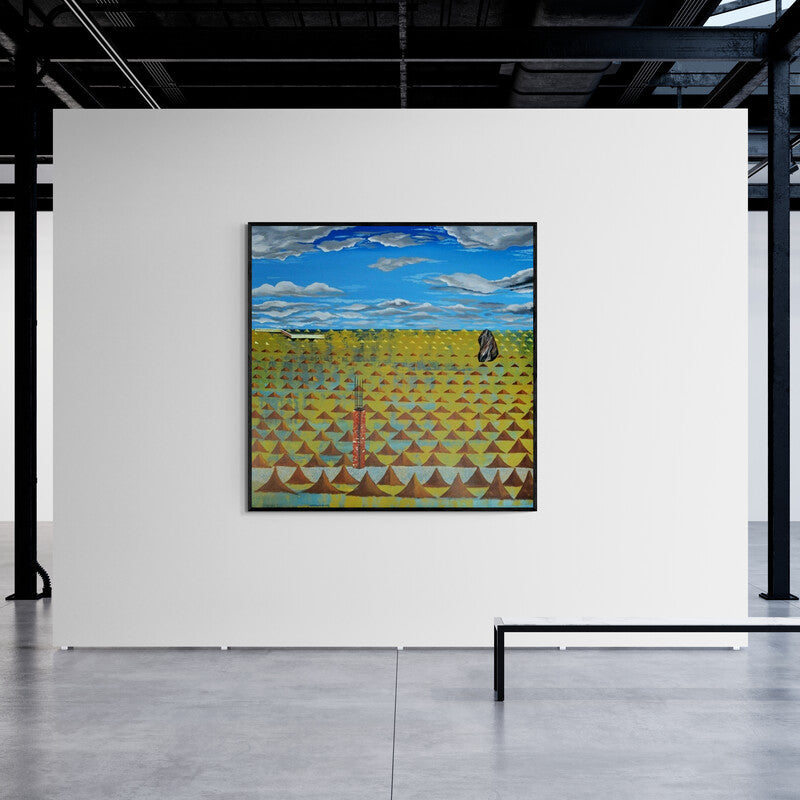 Ashish Kushwaha's painting 'Urban Metaphor 2 (Ascending Forms)' displayed in a modern living room setting