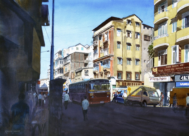 'Urban Motion' cityscape watercolor painting by artist Ramesh Jhawar, 21x29 inch, on paper