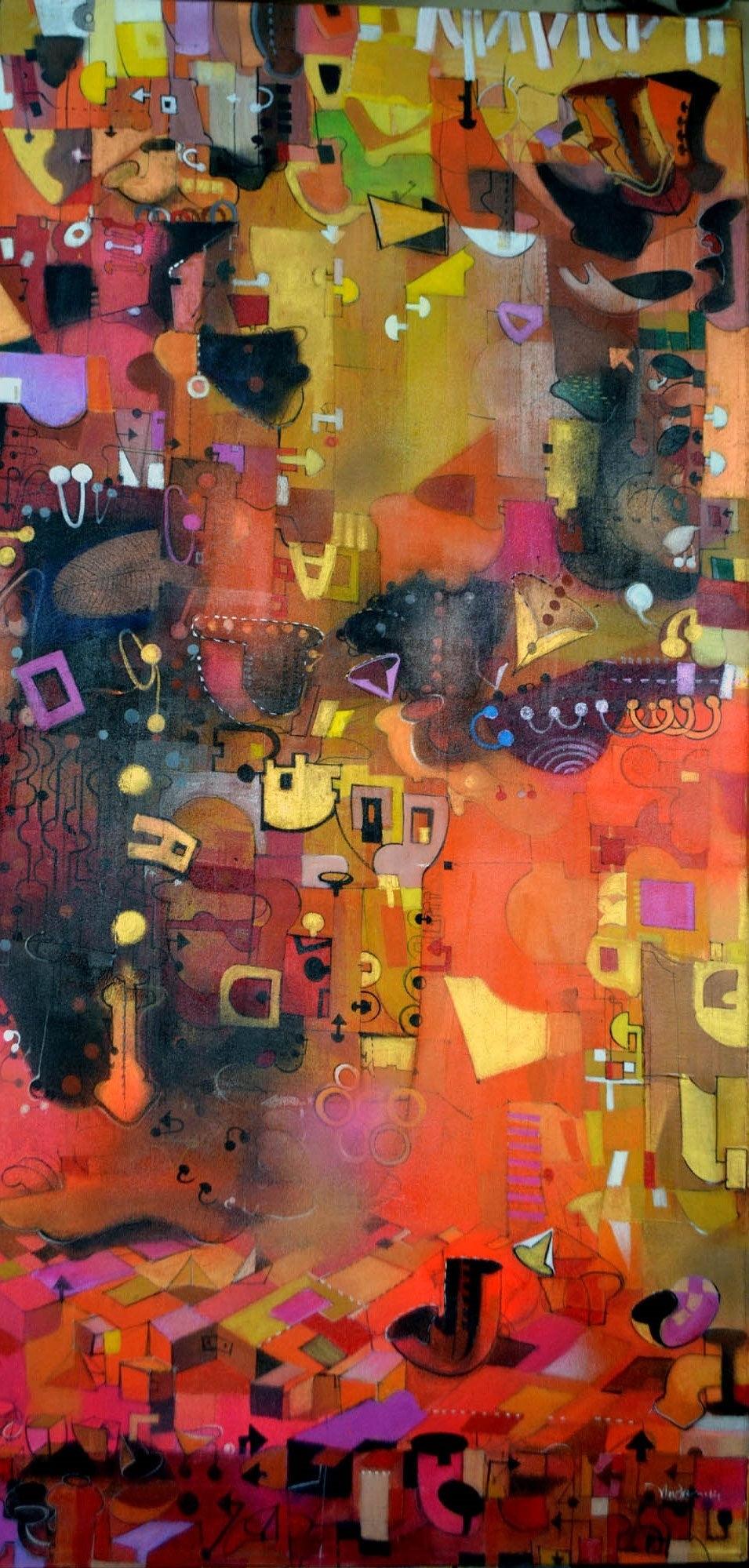 Figurative acrylic painting titled 'Urban Phulkari 3', 60x30 inches, by artist Madan Lal on Canvas