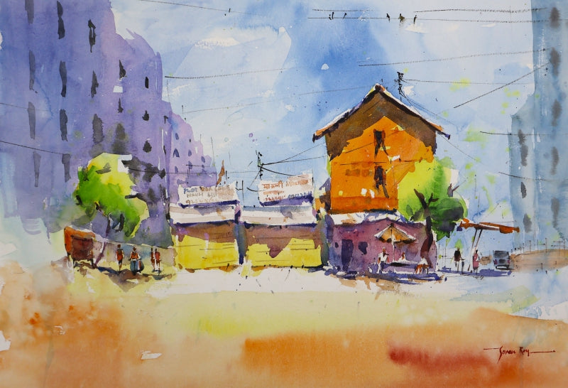 Urban Solitude' landscape watercolor painting by artist Soven Roy, 14x20 inch, on paper