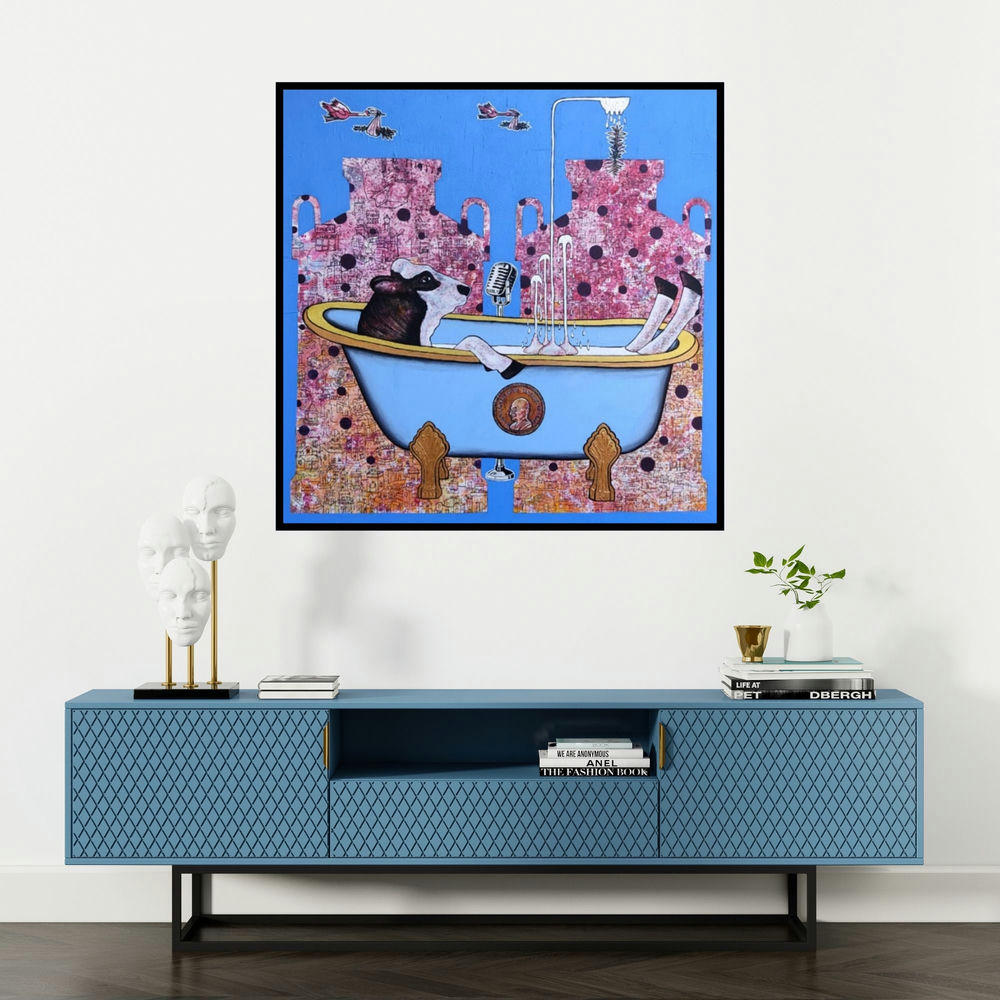 'Urbanization (Moo-sic to My Ears)' painting by Naresh Bollu shown on a wall in a furnished room.