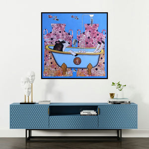 'Urbanization (Moo-sic to My Ears)' painting by Naresh Bollu shown on a wall in a furnished room.