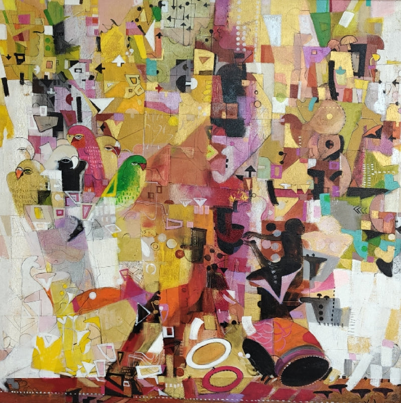 The Urbanscape' contemporary acrylic painting by artist Madan Lal, 48x48 inch, on canvas