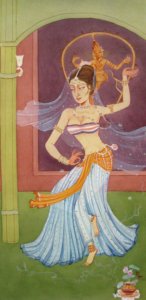Urvashi (Rhythms of the Universe) by Rina Roy, Original Watercolor Figurative Painting on Paper, Small Vertical Wall Art
