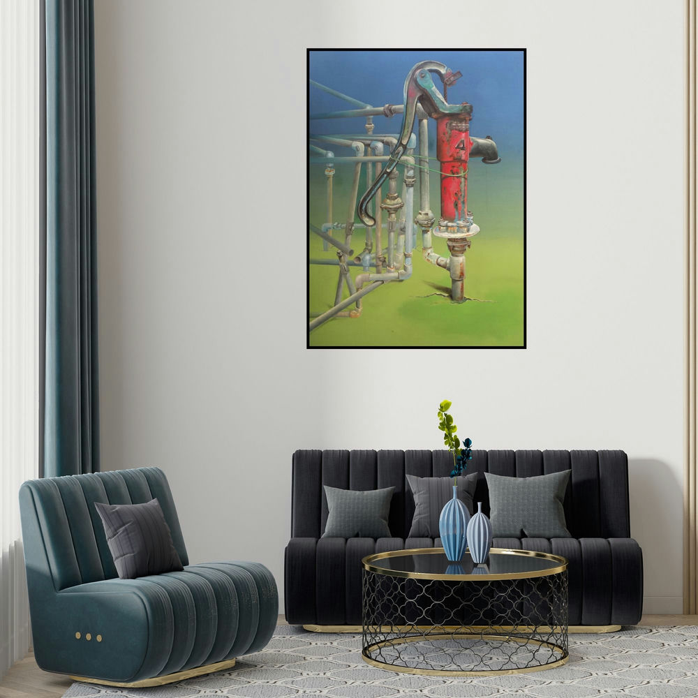 Subhendu Mishra's 'Utility (The Wellspring)' painting visualized above a sofa in a contemporary room.