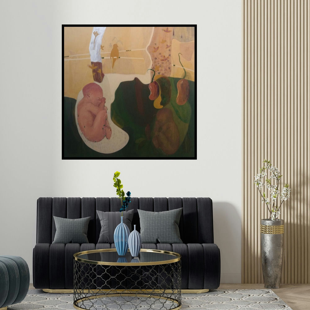 Kamlesh Patidar's 'Utkarsh' painting visualized above a sofa in a contemporary room.