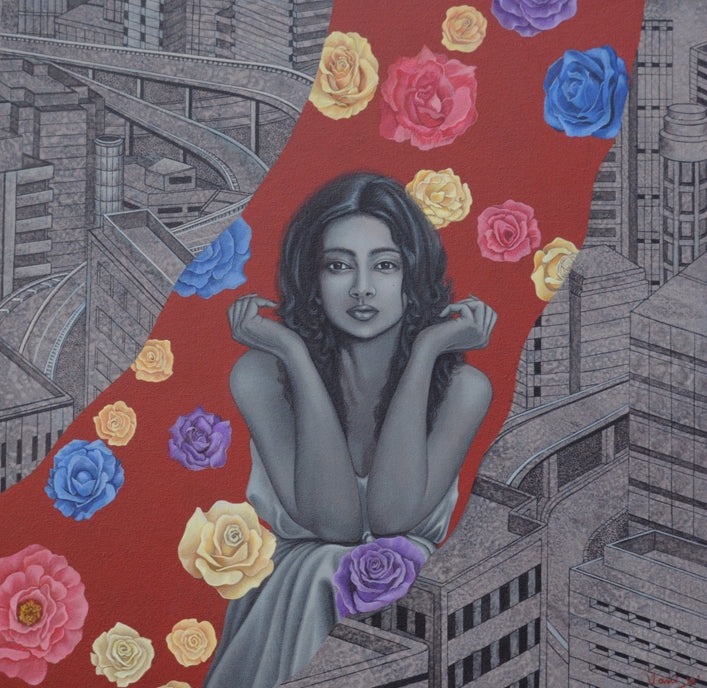 Utopia' figurative acrylic painting by artist Vani Chawla, 24x24 inch, on canvas