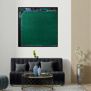 Vinod Chavan's 'Vacuity 3 (Verdant Enigma**)' painting visualized above a sofa in a contemporary room.