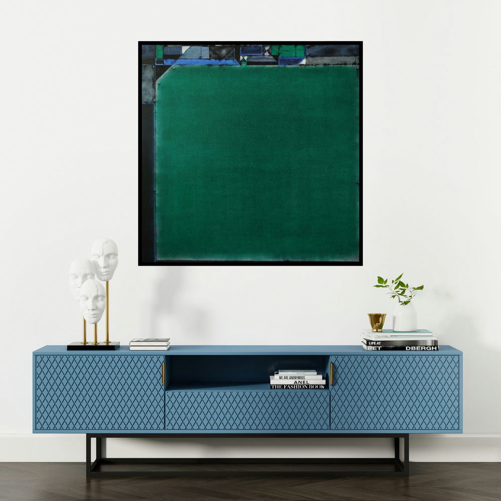 'Vacuity 3 (Verdant Enigma**)' painting by Vinod Chavan shown on a wall in a furnished room.