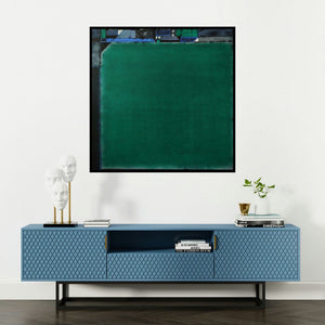 'Vacuity 3 (Verdant Enigma**)' painting by Vinod Chavan shown on a wall in a furnished room.