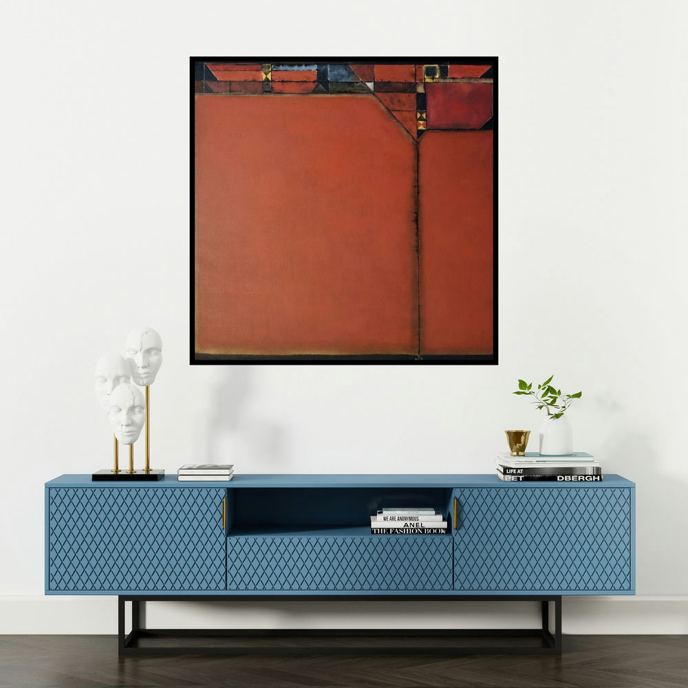 'Vacuity 4 (Intersecting Rhythms)' painting by Vinod Chavan shown on a wall in a furnished room.