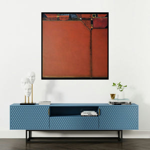 'Vacuity 4 (Intersecting Rhythms)' painting by Vinod Chavan shown on a wall in a furnished room.