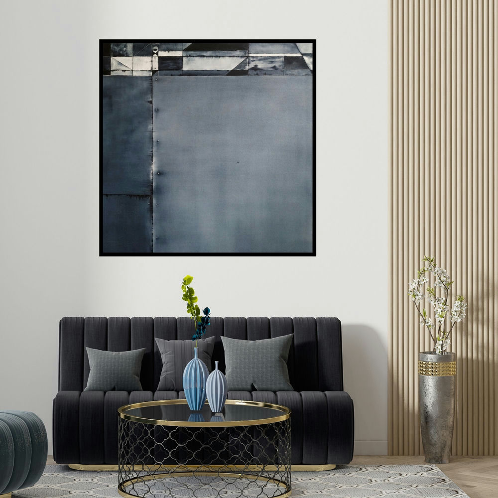 Vinod Chavan's 'Vacuity 5 (Urban Tapestry**)' painting visualized above a sofa in a contemporary room.