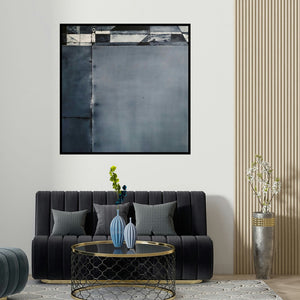 Vinod Chavan's 'Vacuity 5 (Urban Tapestry**)' painting visualized above a sofa in a contemporary room.