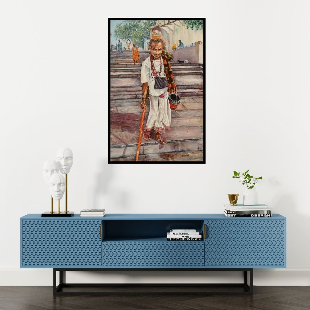 Preview of 'Vagrant In Ganga Ghat' Painting by Lasya Upadhyaya shown on a wall in a furnished room.