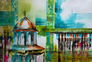 Vaithisvarankovil (Sacred Geometry: A Dance of Forms) by Veronique Piaser-Moyen, Original Watercolor Cityscape Painting on Paper, Small Horizontal Wall Art