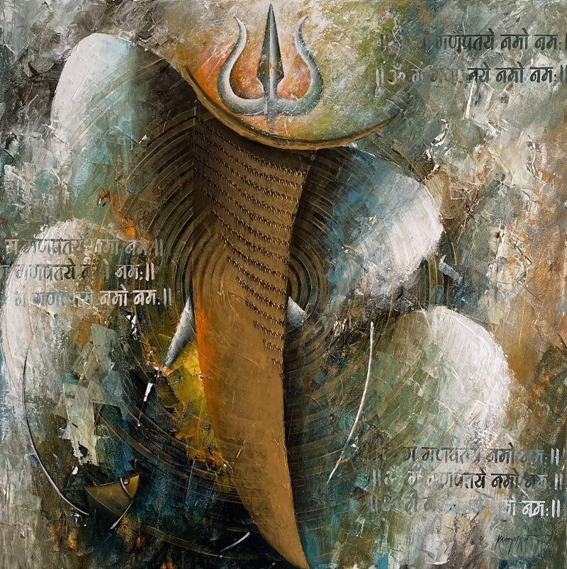 Vakratunda 2' religious acrylic painting by artist Kanchan Mahante, 36x36 inch, on canvas