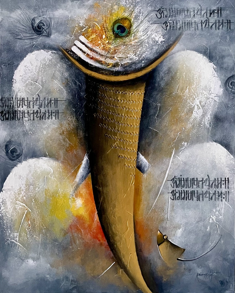 Vakratunda 3' religious acrylic painting by artist Kanchan Mahante, 30x24 inch, on canvas