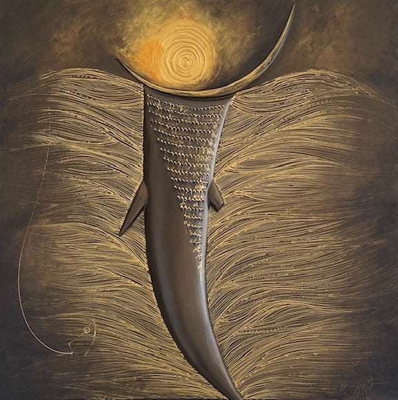 Vakratunda' religious acrylic painting by artist Kanchan Mahante, 36x36 inch, on canvas