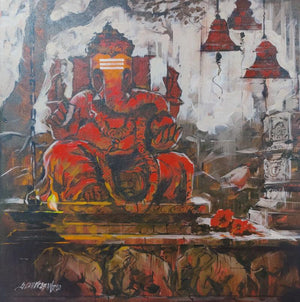 Religious acrylic painting titled 'Vakratunda', 30x30 inches, by artist Sandeep Chhatraband on Canvas