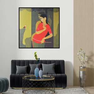 Sanjay M Khochare's 'Valentine (Intimate Embrace)' painting visualized above a sofa in a contemporary room.