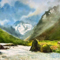 Landscape watercolor painting titled 'Vally Of Joy', 14x21 inches, by artist Jitendra Sule on Handmade Paper