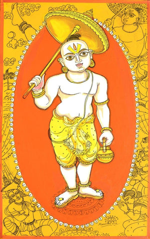 Religious acrylic pen painting titled 'Vaman Avatar', 18x11 inches, by artist Manisha Srivastava on Canvas