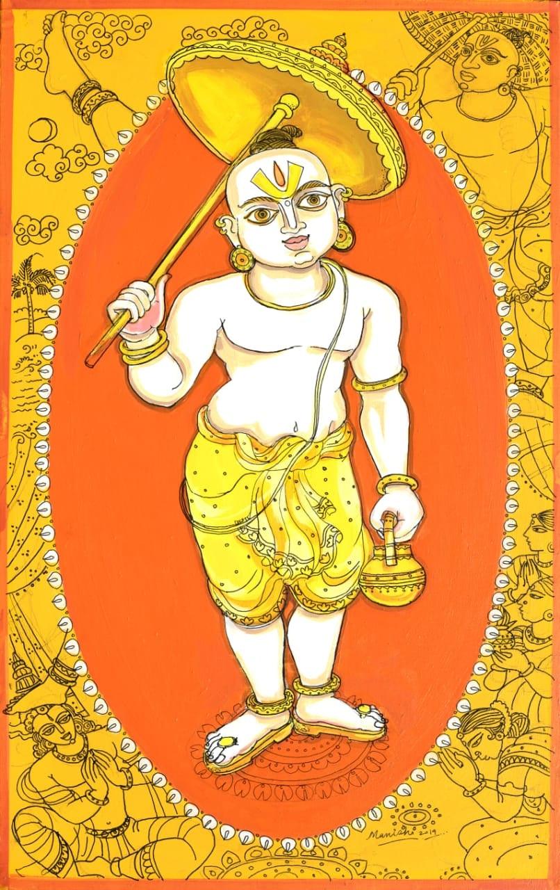 Religious acrylic pen painting titled 'Vaman Avatar', 18x11 inches, by artist Manisha Srivastava on Canvas