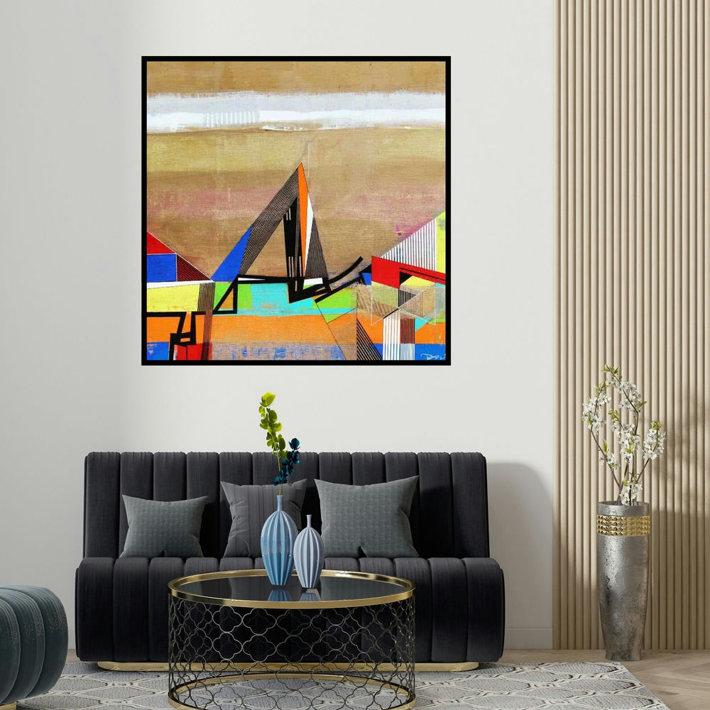 Prabhinder Lall's 'Vanishing Green' painting visualized above a sofa in a contemporary room.