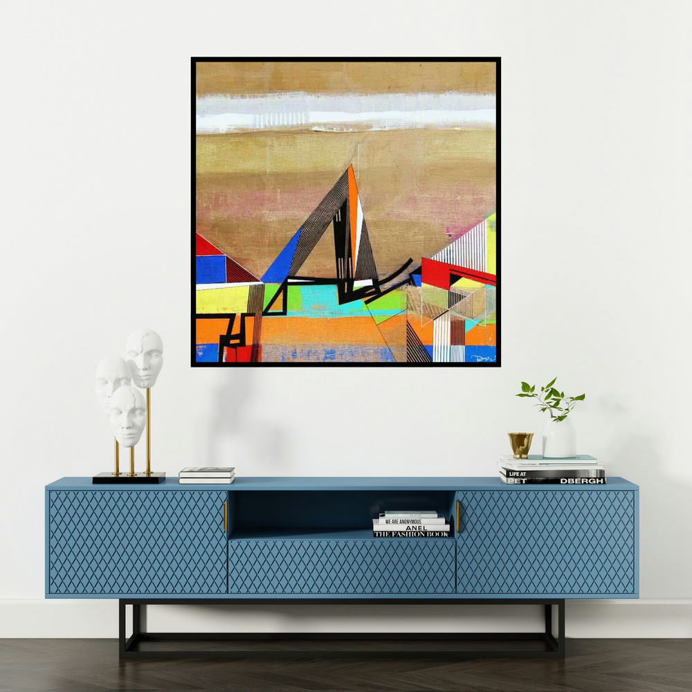 'Vanishing Green' painting by Prabhinder Lall shown on a wall in a furnished room.