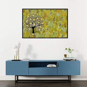 Preview of 'Vanvas (Abundances Glow: A Tree of Plenty)' Painting by Sumit Mehndiratta shown on a wall in a furnished room.