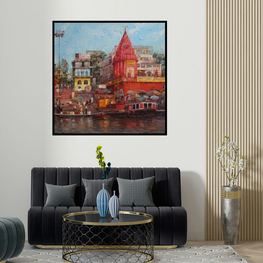Iruvan Karunakaran's 'Varanasi 1' painting visualized above a sofa in a contemporary room.