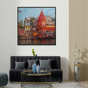 Iruvan Karunakaran's 'Varanasi 1' painting visualized above a sofa in a contemporary room.
