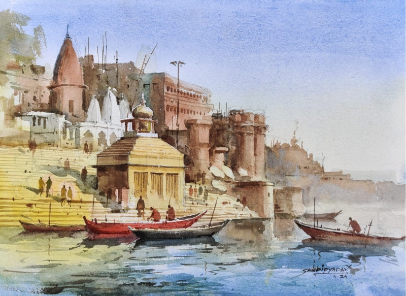 'Varanasi 1' religious watercolor painting by artist Sandeep Yadav, 12x16 inch, on paper