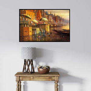 In-situ view of Paramesh Paul's 'Varanasi 12 (Varanasi Ghats with Pilgrims)' painting in a room