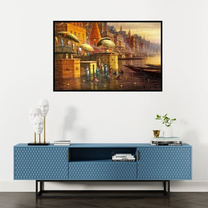 Preview of 'Varanasi 12 (Varanasi Ghats with Pilgrims)' Painting by Paramesh Paul shown on a wall in a furnished room.
