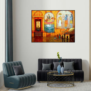 Paramesh Paul's 'Varanasi 2' painting visualized above a sofa in a contemporary room.