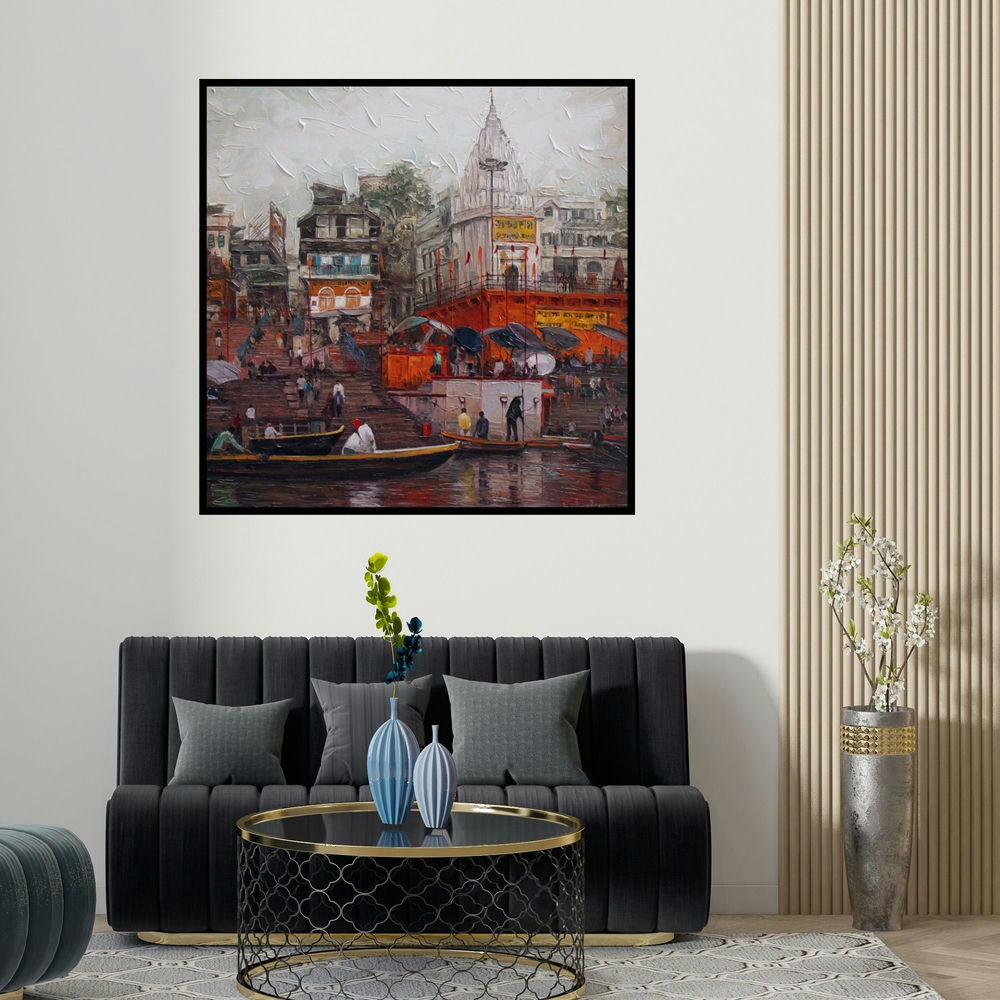 Iruvan Karunakaran's 'Varanasi 2 (Ghats in the Rain)' painting visualized above a sofa in a contemporary room.