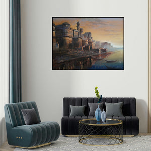 Atul Gendle's 'Varanasi 2 (Varanasi Ghat Evening) (Ganges Sunset Rituals)' painting visualized above a sofa in a contemporary room.