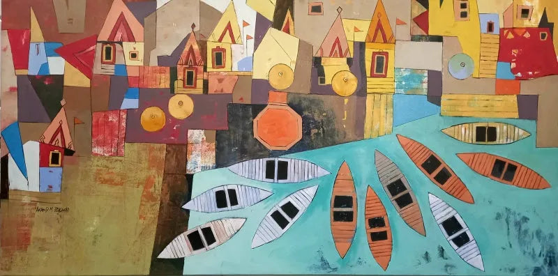 Religious acrylic painting titled 'Varanasi 2', 36x60 inch, by artist Anand Bekwad on Canvas