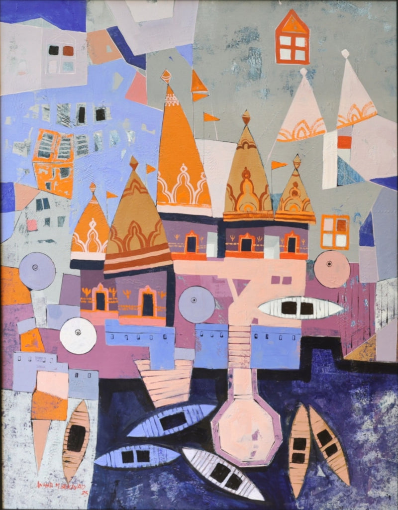 Varanasi 2' religious acrylic painting by artist Anand Bekwad, 48x36 inch, on canvas