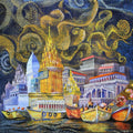 Religious acrylic painting titled 'Varanasi', 48x30 inch, by artist Sovon Manna on Canvas