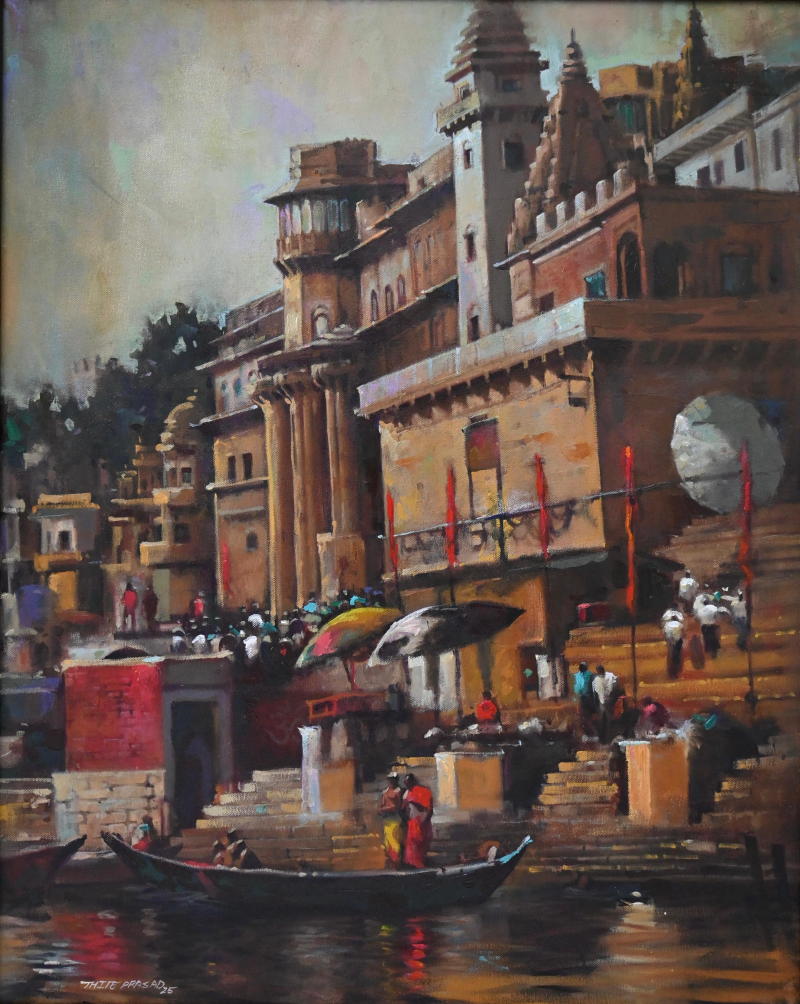 Varanasi 3' religious oil painting by artist Prasad Thite, 30x24 inch, on canvas