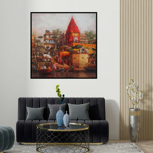 Iruvan Karunakaran's 'Varanasi 3 (Sacred Ghats of Varanasi)' painting visualized above a sofa in a contemporary room.