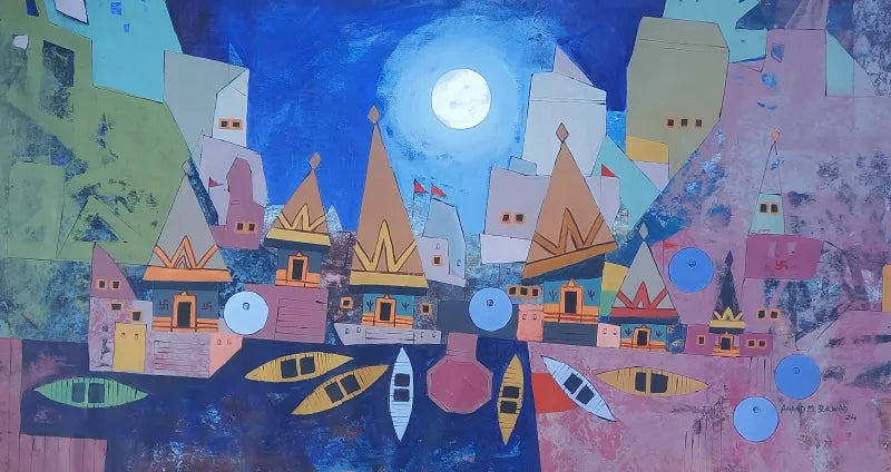 Religious acrylic painting titled 'Varanasi 3', 36x72 inch, by artist Anand Bekwad on Canvas