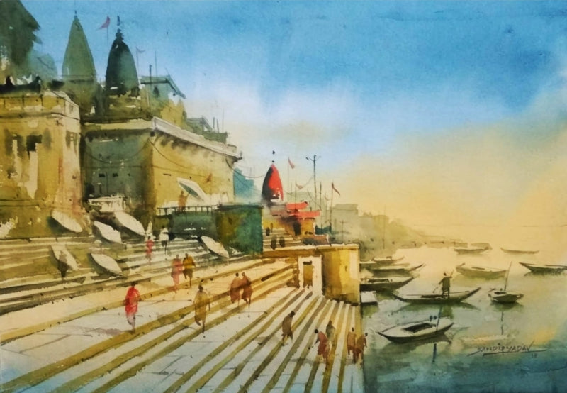 'Varanasi 3' religious watercolor painting by artist Sandeep Yadav, 12x16 inch, on paper