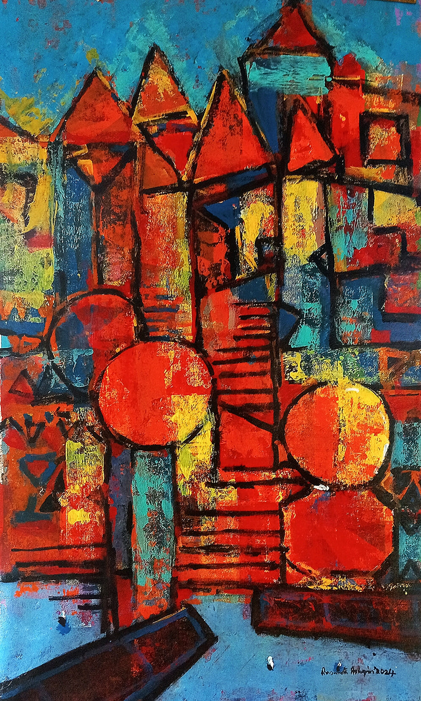 'Varanasi 3' religious acrylic painting by artist Prasanta Acharjee, 38x23 inch, on canvas