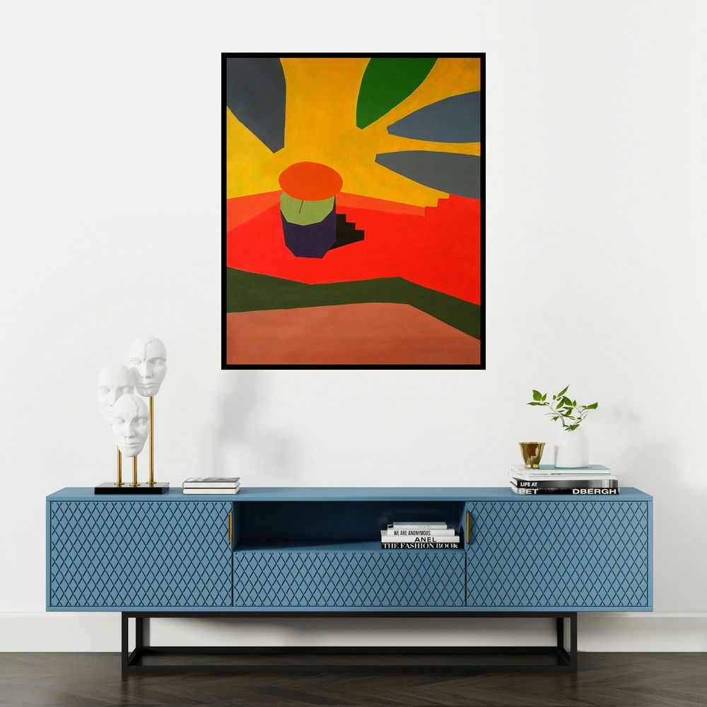 Prasanta Acharjee's 'Varanasi 4 (Blooming Sunlight)' painting visualized above a sofa in a contemporary room.