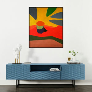 Prasanta Acharjee's 'Varanasi 4 (Blooming Sunlight)' painting visualized above a sofa in a contemporary room.